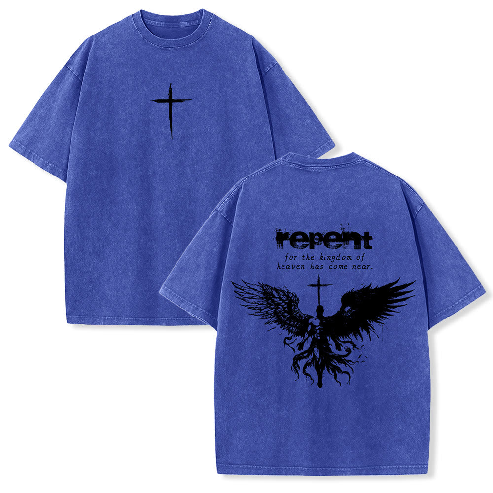 T-shirt unisexe délavé Christianartworkshop « Repentez-vous pour le Royaume des Cieux » - Bleu - 5XL - image 18
