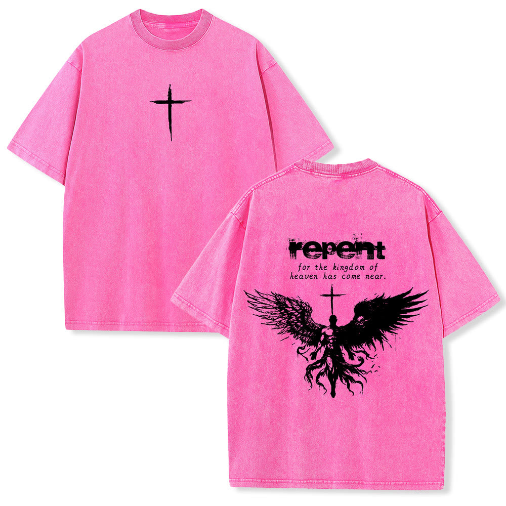 T-shirt unisexe délavé Christianartworkshop « Repentez-vous pour le Royaume des Cieux » - Rose - 5XL - image 24