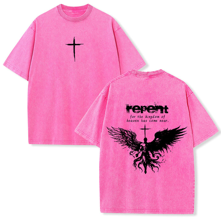T-shirt unisexe délavé Christianartworkshop « Repentez-vous pour le Royaume des Cieux » - Rose - 5XL - image 24