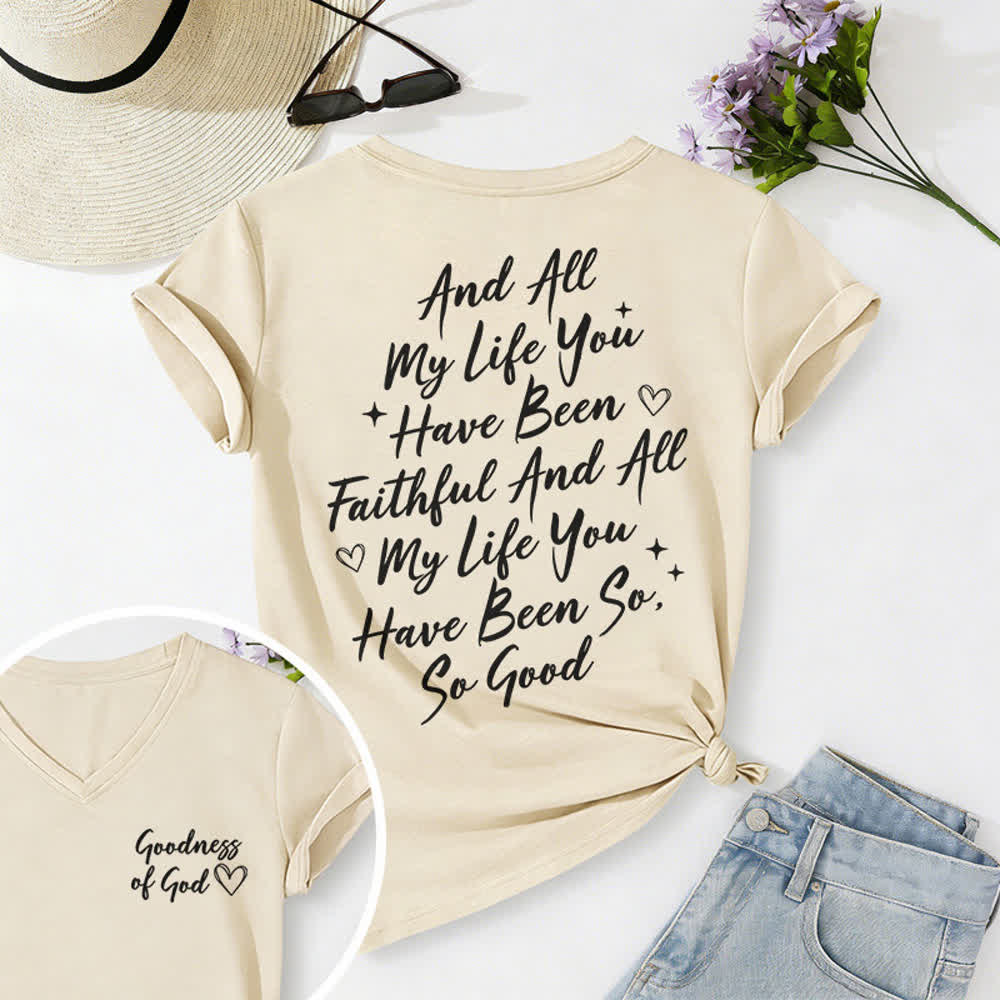 T-shirt décontracté à col en V pour femmes « Je chanterai la bonté de Dieu » de Christianartworkshop - Beige - 2XL - image 15