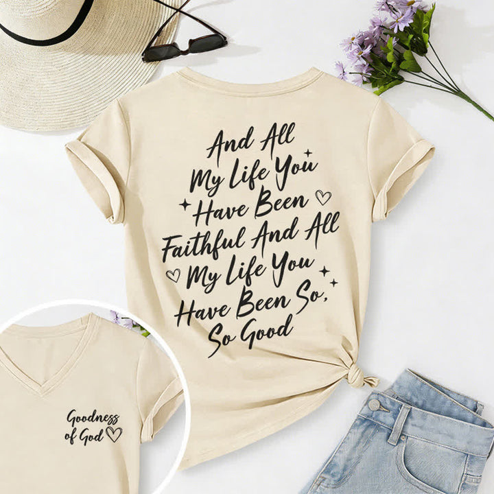 T-shirt décontracté à col en V pour femmes « Je chanterai la bonté de Dieu » de Christianartworkshop - Beige - 2XL - image 15