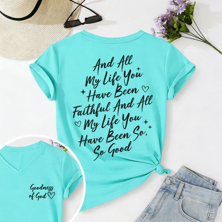 T-shirt décontracté à col en V pour femmes « Je chanterai la bonté de Dieu » de Christianartworkshop - Bleu ciel - 2XL - image 35