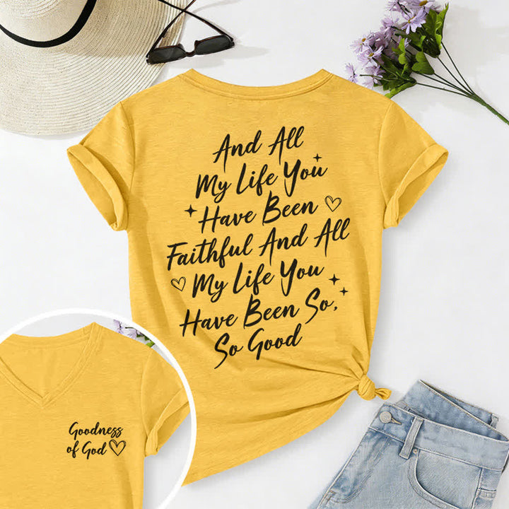 T-shirt décontracté à col en V pour femmes « Je chanterai la bonté de Dieu » de Christianartworkshop - Jaune - 2XL - image 20