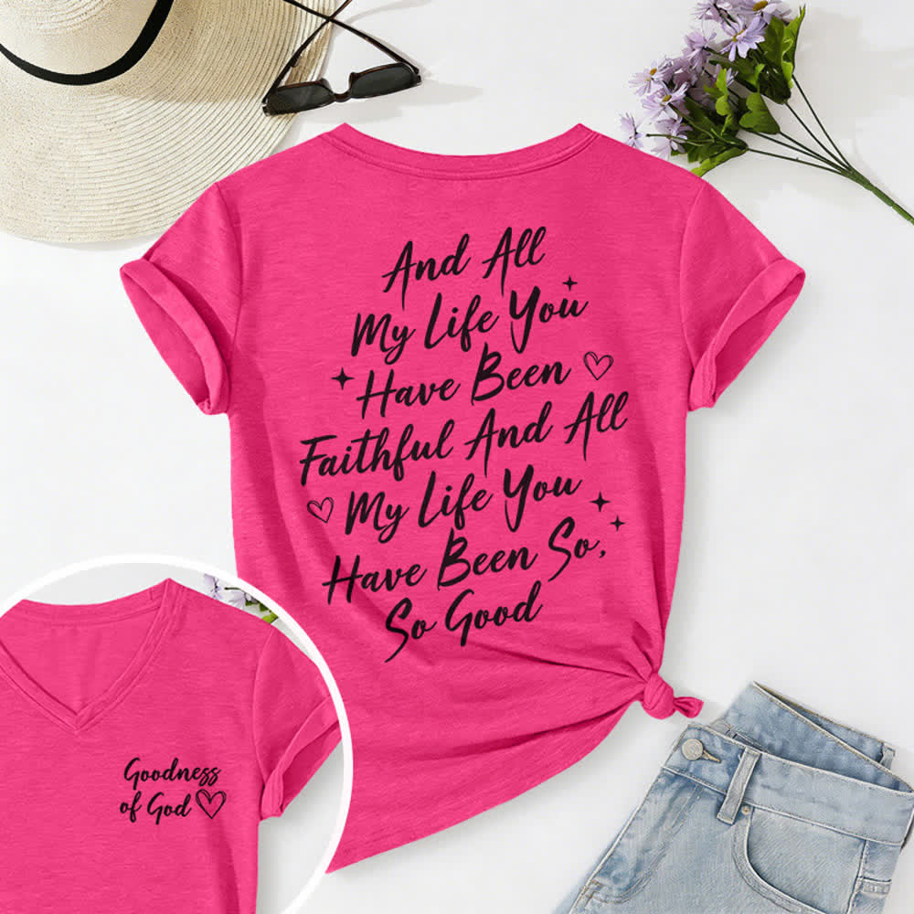 T-shirt décontracté à col en V pour femmes « Je chanterai la bonté de Dieu » de Christianartworkshop - Rose - 2XL - image 55