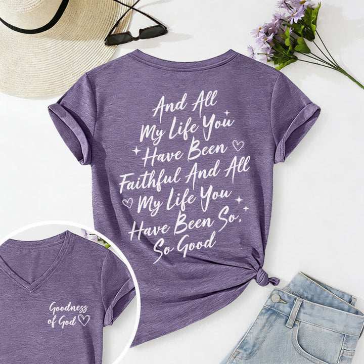 T-shirt décontracté à col en V pour femmes « Je chanterai la bonté de Dieu » de Christianartworkshop - Violet - 2XL - image 60