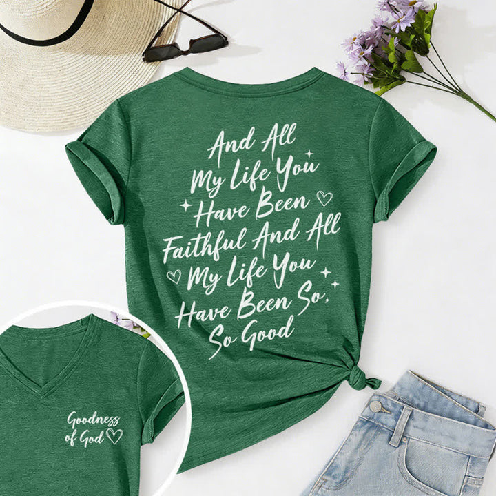 T-shirt décontracté à col en V pour femmes « Je chanterai la bonté de Dieu » de Christianartworkshop - Vert foncé - 2XL - image 30