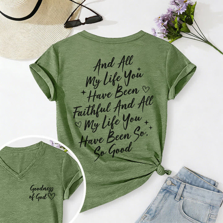 T-shirt décontracté à col en V pour femmes « Je chanterai la bonté de Dieu » de Christianartworkshop - Vert olive - 2XL - image 25