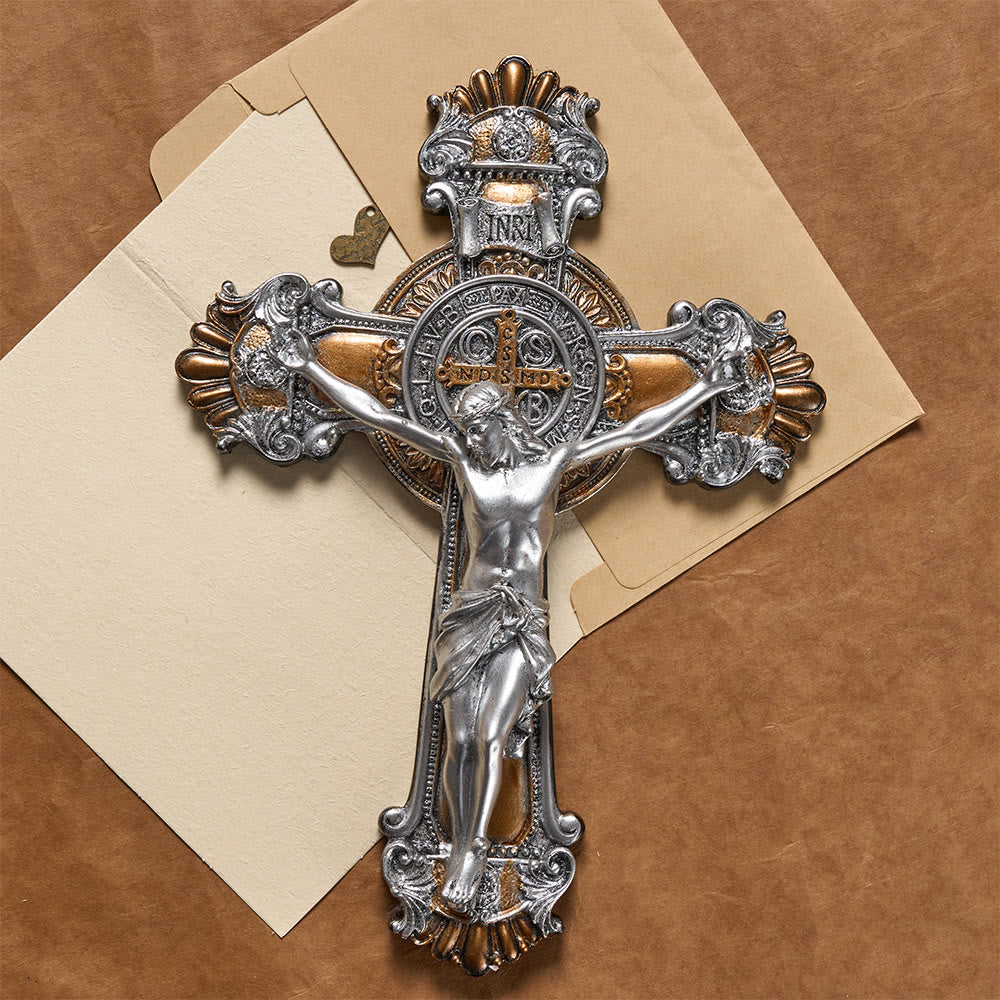Christianartworkshop Crucifix mural vintage argenté et doré avec inscription INRI : Un rappel du sacrifice divin - image 1