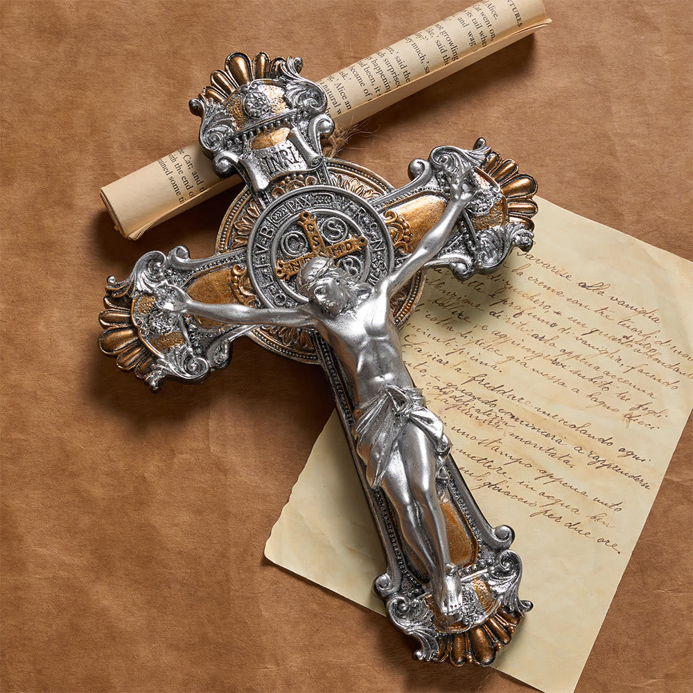 Christianartworkshop Crucifix mural vintage argenté et doré avec inscription INRI : Un rappel du sacrifice divin - Crucifix - image 0
