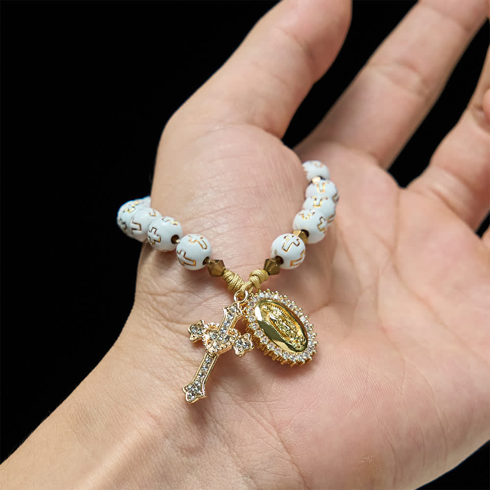 Christianartworkshop Chapelet de poche à perles blanches en forme de croix : Médaille scintillante de Notre-Dame pour la foi pure - image 1