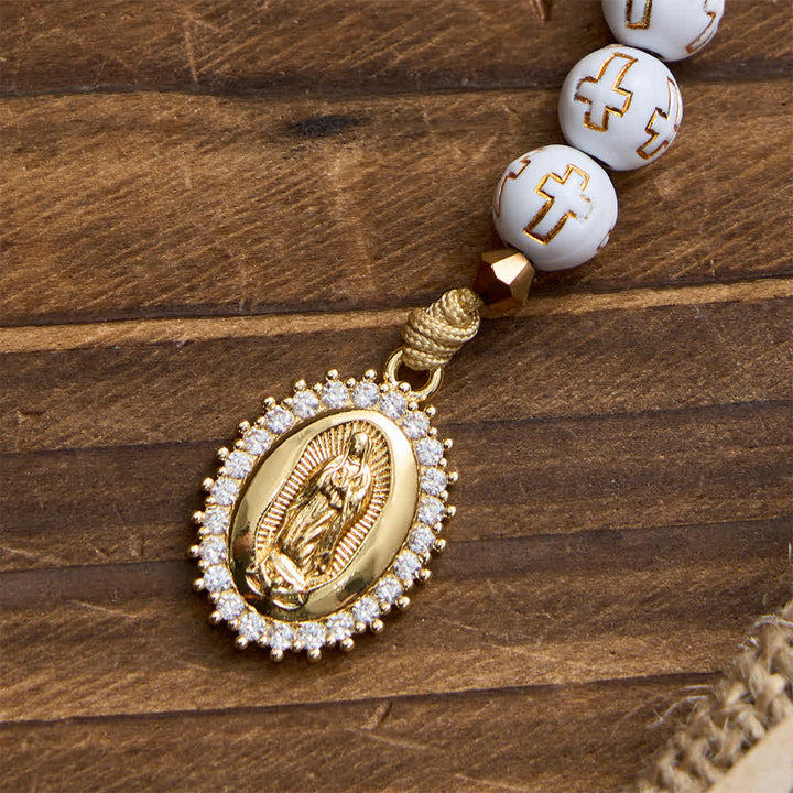 Christianartworkshop Chapelet de poche à perles blanches en forme de croix : Médaille scintillante de Notre-Dame pour la foi pure - image 7