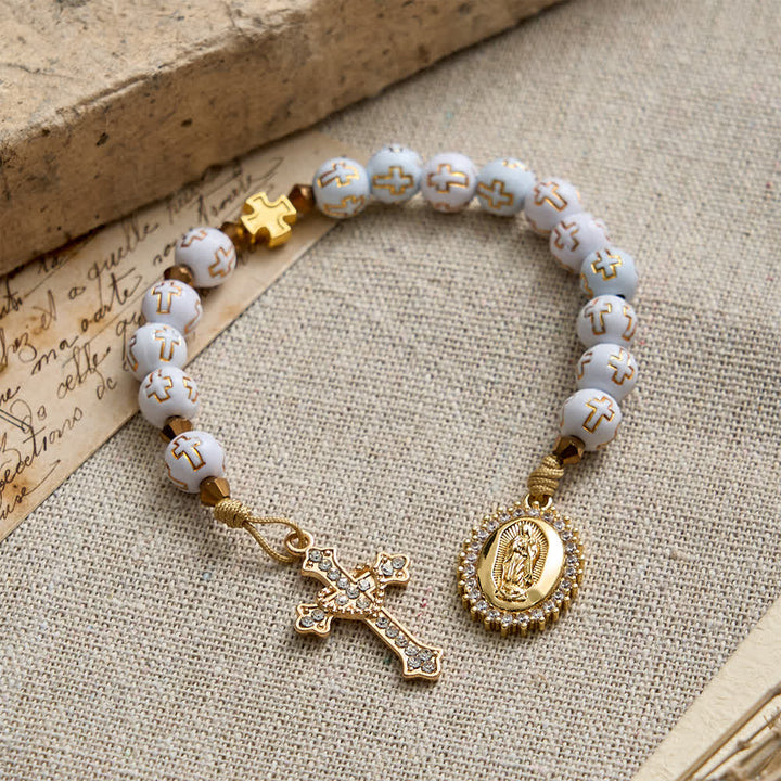 Christianartworkshop Chapelet de poche à perles blanches en forme de croix : Médaille scintillante de Notre-Dame pour la foi pure - image 2