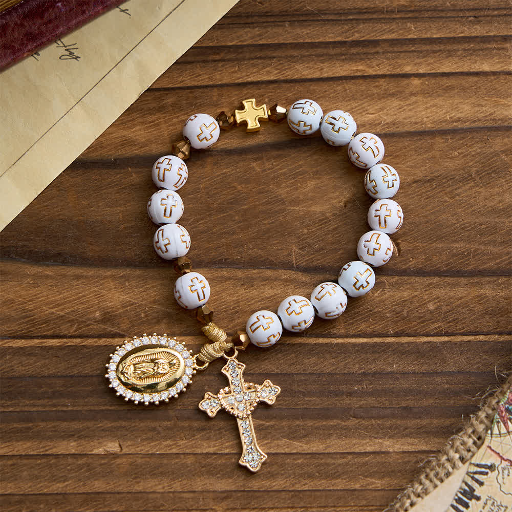 Christianartworkshop Chapelet de poche à perles blanches en forme de croix : Médaille scintillante de Notre-Dame pour la foi pure - image 3