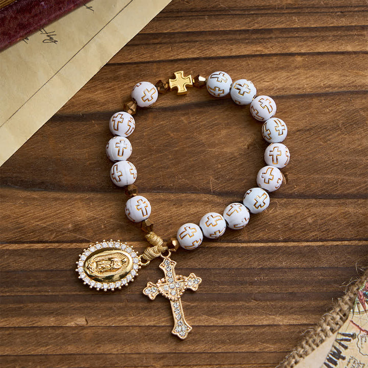 Christianartworkshop Chapelet de poche à perles blanches en forme de croix : Médaille scintillante de Notre-Dame pour la foi pure - image 3