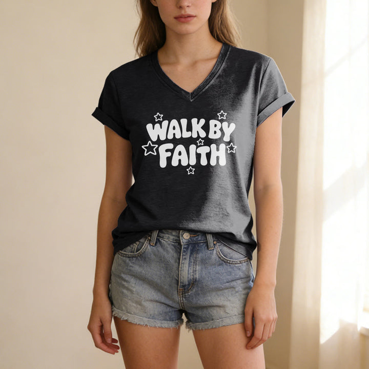 Christianartworkshop T-shirt décontracté à col en V imprimé étoiles Walk By Faith - image 13