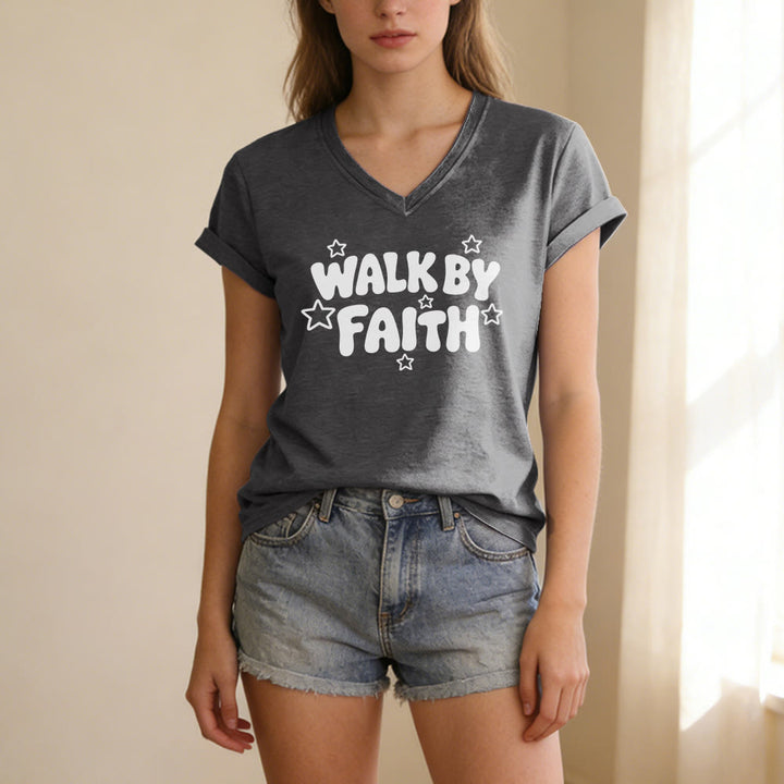 Christianartworkshop T-shirt décontracté à col en V imprimé étoiles Walk By Faith - image 21