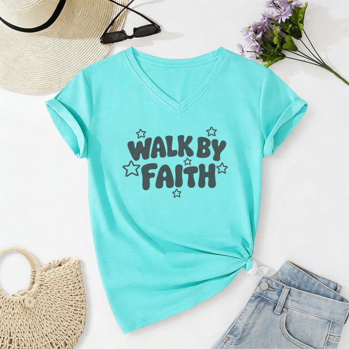 Christianartworkshop T-shirt décontracté à col en V imprimé étoiles Walk By Faith - Bleu ciel - 2XL - image 8