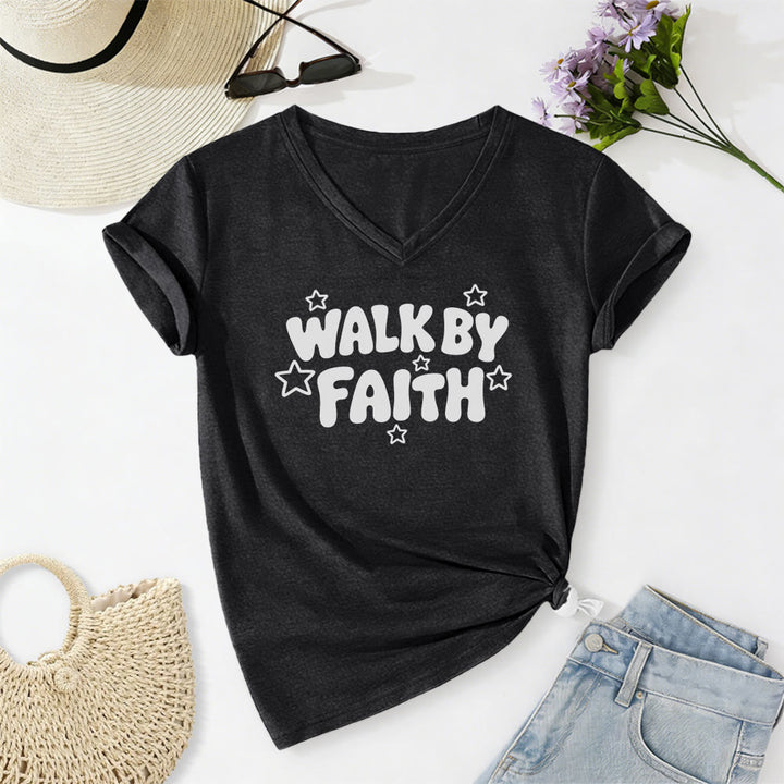 Christianartworkshop T-shirt décontracté à col en V imprimé étoiles Walk By Faith - Noir - 2XL - image 12