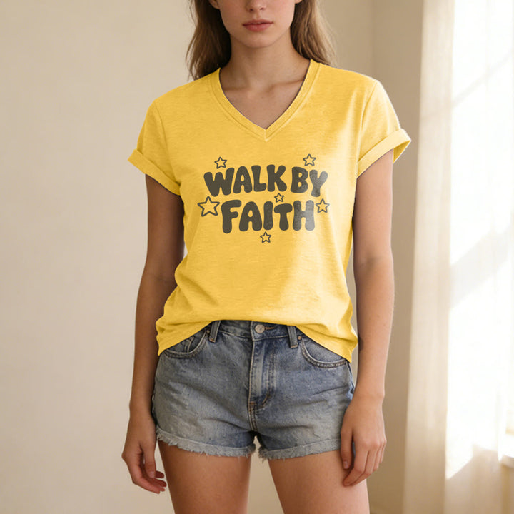 Christianartworkshop T-shirt décontracté à col en V imprimé étoiles Walk By Faith - image 3