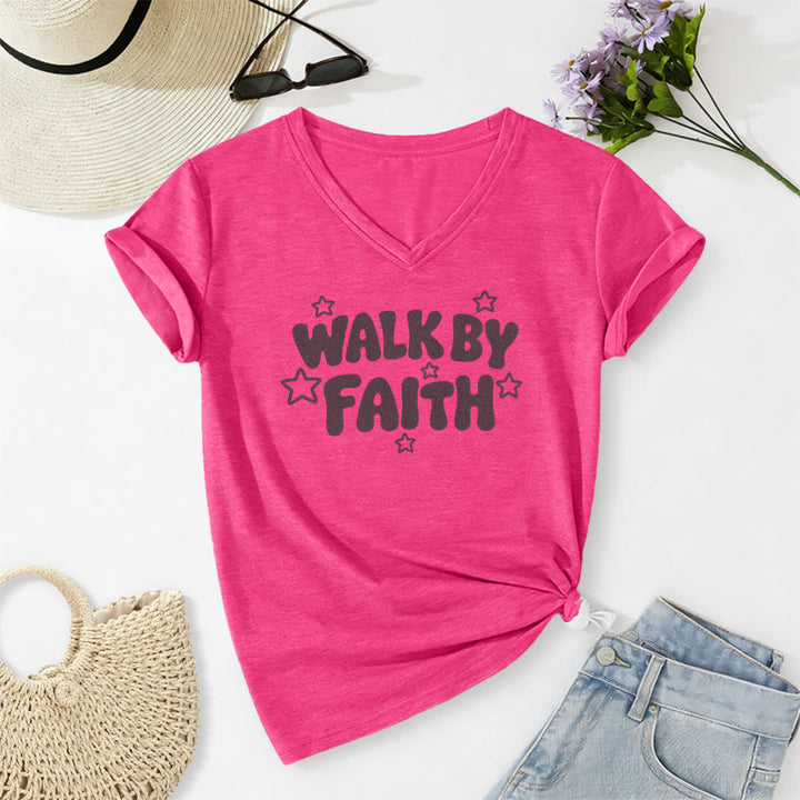 Christianartworkshop T-shirt décontracté à col en V imprimé étoiles Walk By Faith - Rose - 2XL - image 24