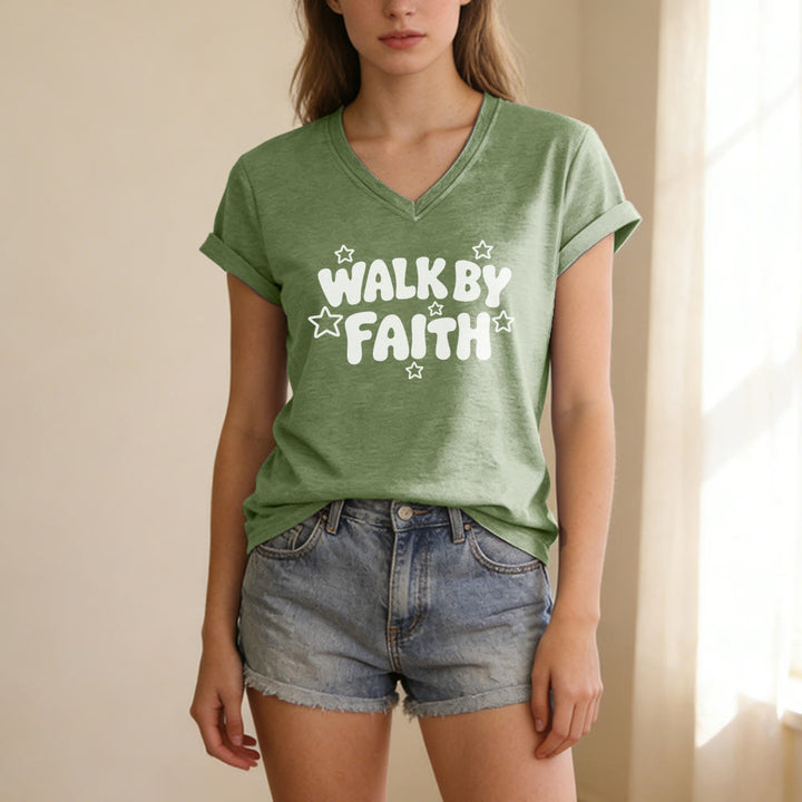 Christianartworkshop T-shirt décontracté à col en V imprimé étoiles Walk By Faith - image 5