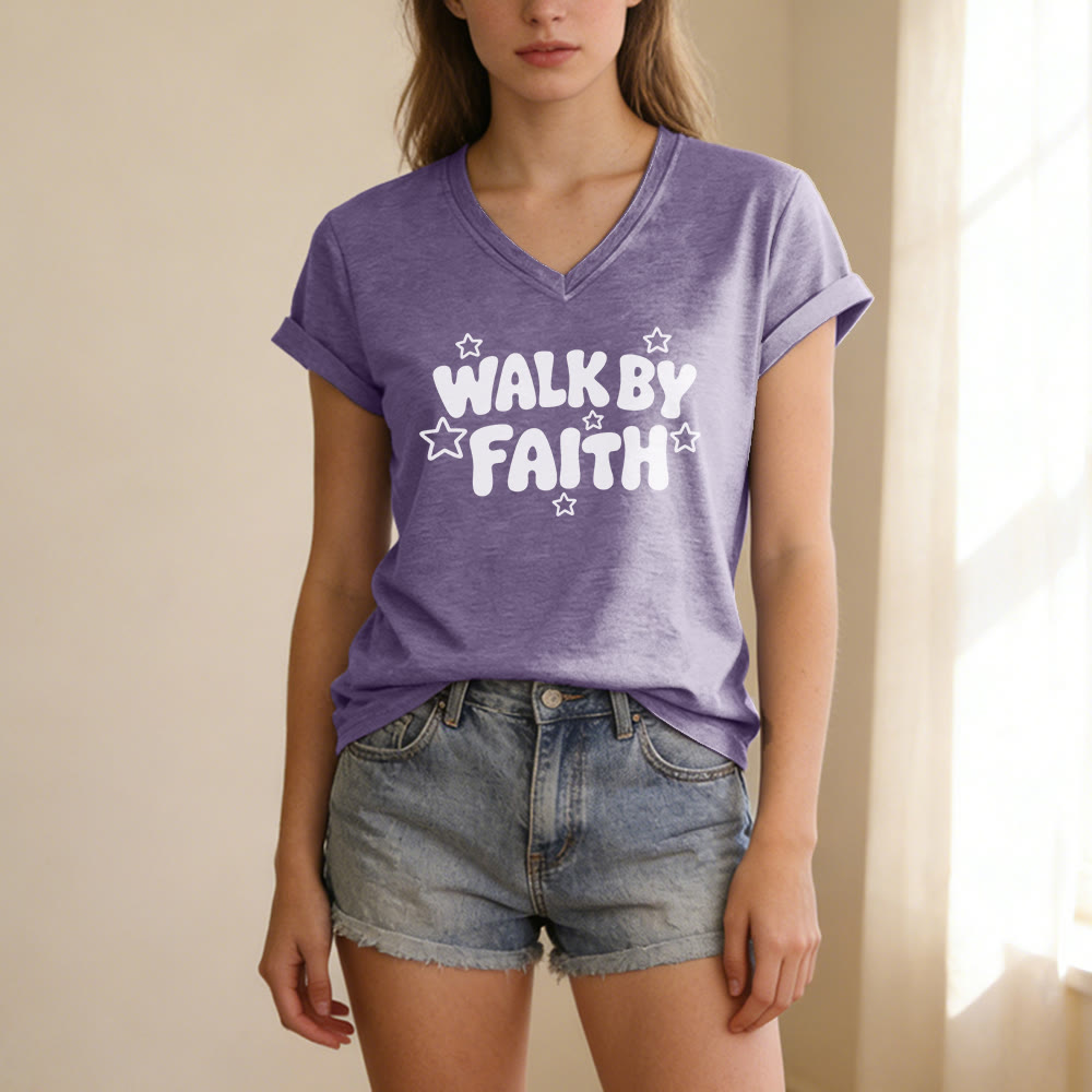Christianartworkshop T-shirt décontracté à col en V imprimé étoiles Walk By Faith - image 17
