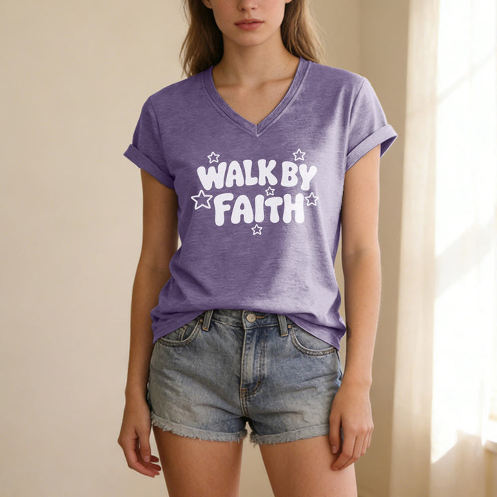 Christianartworkshop T-shirt décontracté à col en V imprimé étoiles Walk By Faith - image 17