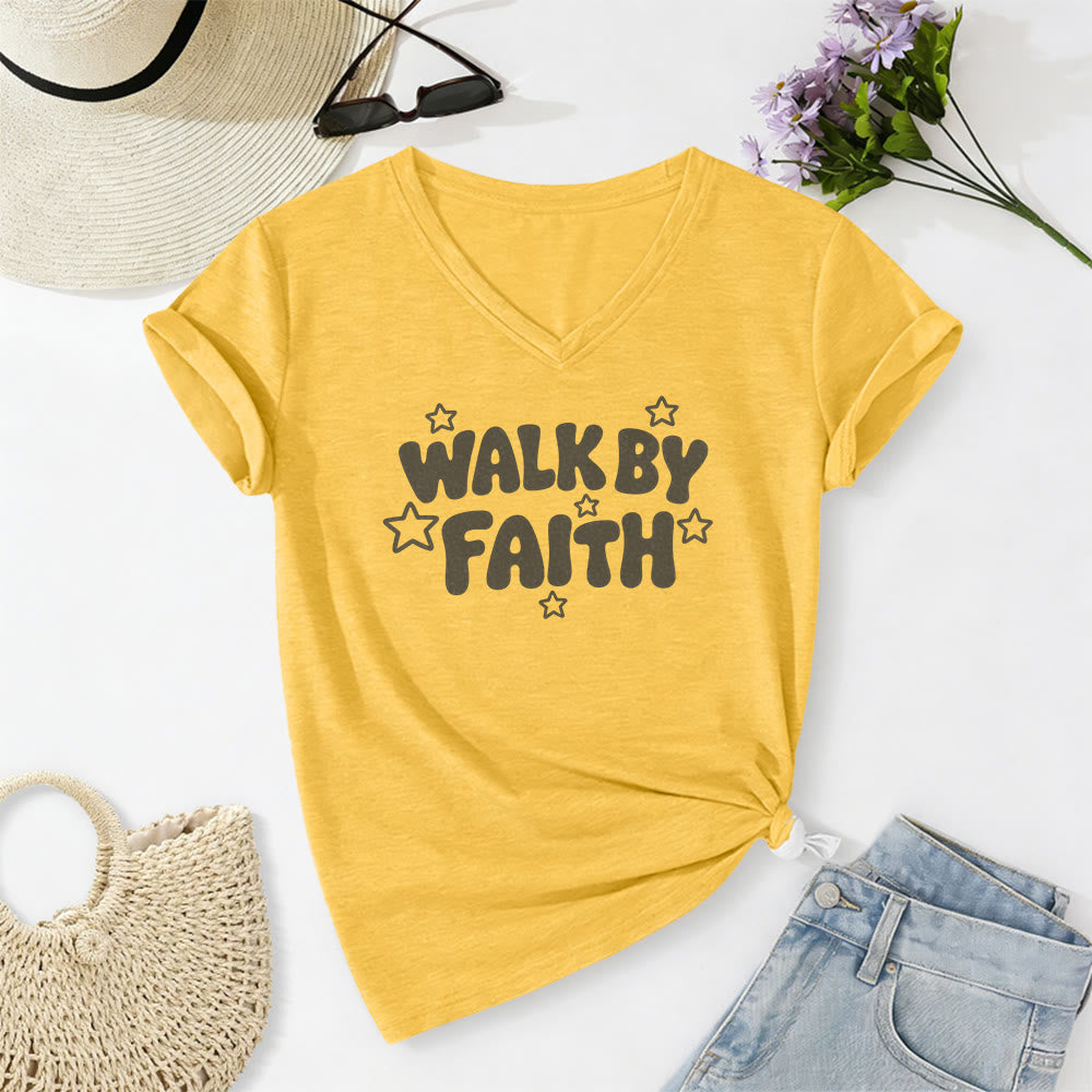 Christianartworkshop T-shirt décontracté à col en V imprimé étoiles Walk By Faith - Jaune - 2XL - image 2