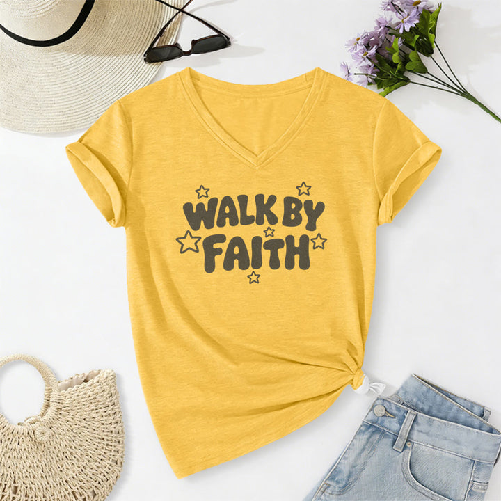 Christianartworkshop T-shirt décontracté à col en V imprimé étoiles Walk By Faith - Jaune - 2XL - image 2
