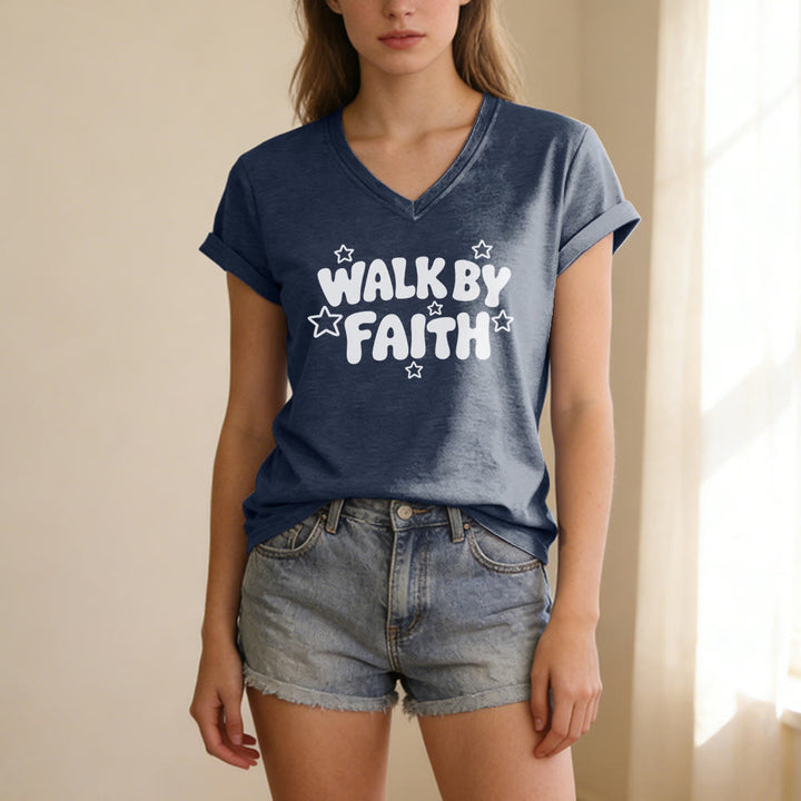 Christianartworkshop T-shirt décontracté à col en V imprimé étoiles Walk By Faith - image 19