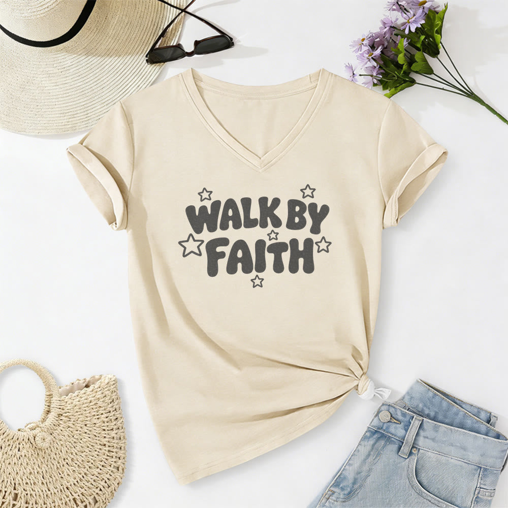 Christianartworkshop T-shirt décontracté à col en V imprimé étoiles Walk By Faith - Beige - 2XL - image 0