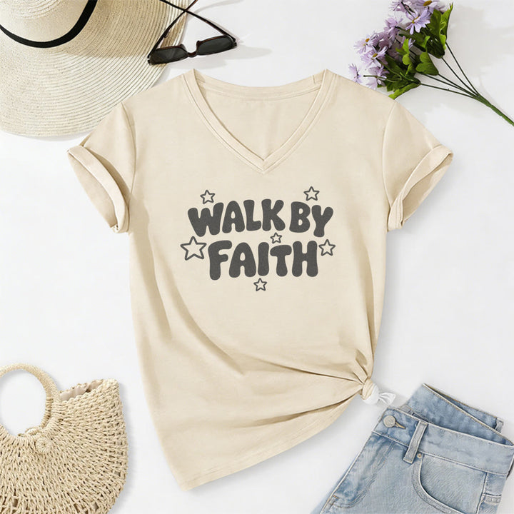 Christianartworkshop T-shirt décontracté à col en V imprimé étoiles Walk By Faith - Beige - 2XL - image 0