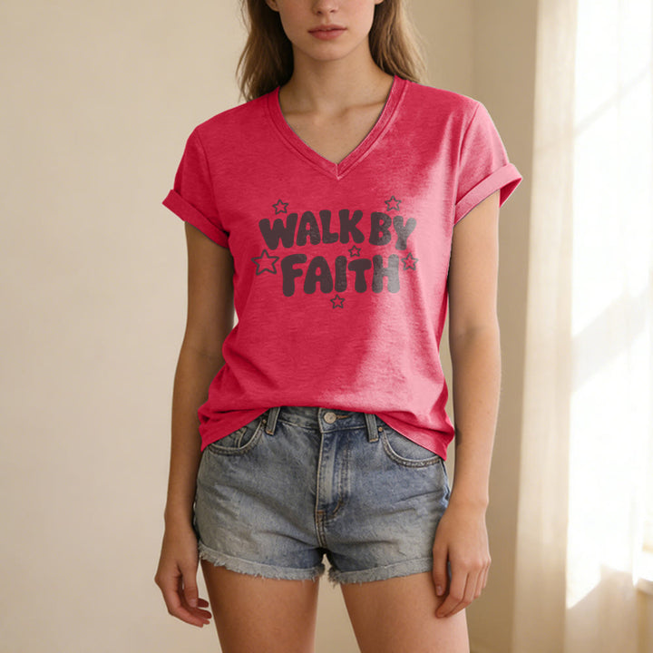 Christianartworkshop T-shirt décontracté à col en V imprimé étoiles Walk By Faith - Rouge - 2XL - image 22