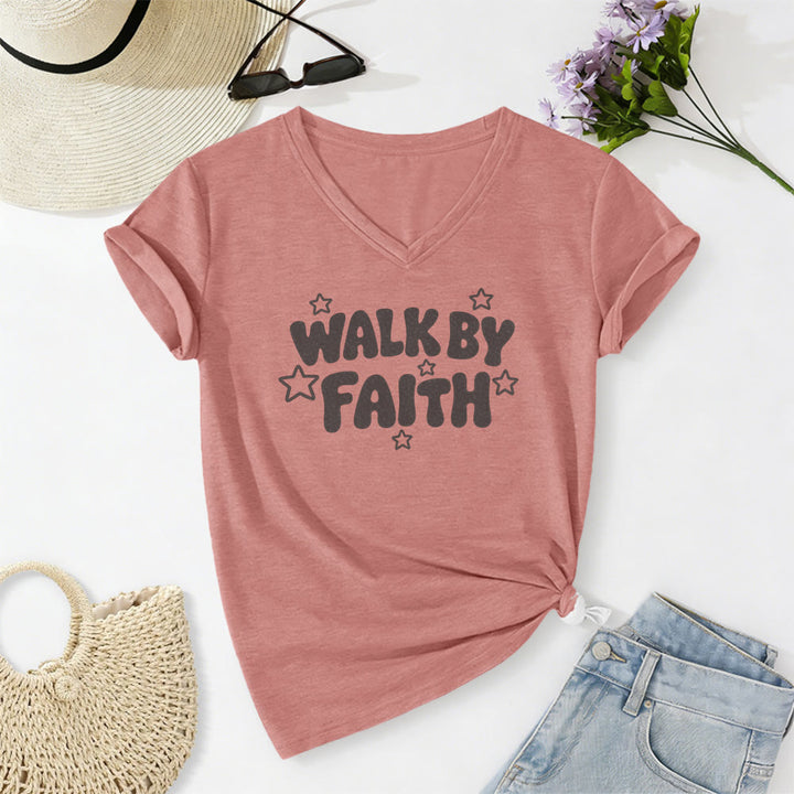 Christianartworkshop T-shirt décontracté à col en V imprimé étoiles Walk By Faith - Rose clair - 2XL - image 10