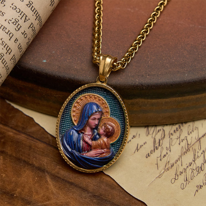 Christianartworkshop Collier élégant orné d'un portrait religieux émaillé et d'un cadre en or : un emblème de foi et de protection - Vierge à l'Enfant - image 3