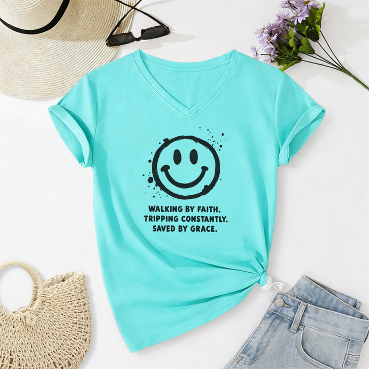 Christianartworkshop T-shirt décontracté à col en V avec imprimé smiley « Walking By Faith » - Bleu ciel - 2XL - image 10