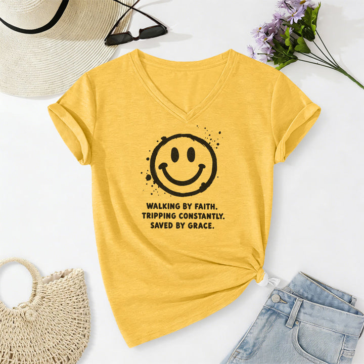 Christianartworkshop T-shirt décontracté à col en V avec imprimé smiley « Walking By Faith » - Jaune - 2XL - image 4
