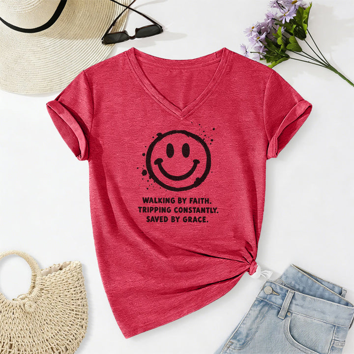 Christianartworkshop T-shirt décontracté à col en V avec imprimé smiley « Walking By Faith » - Rouge - 2XL - image 0