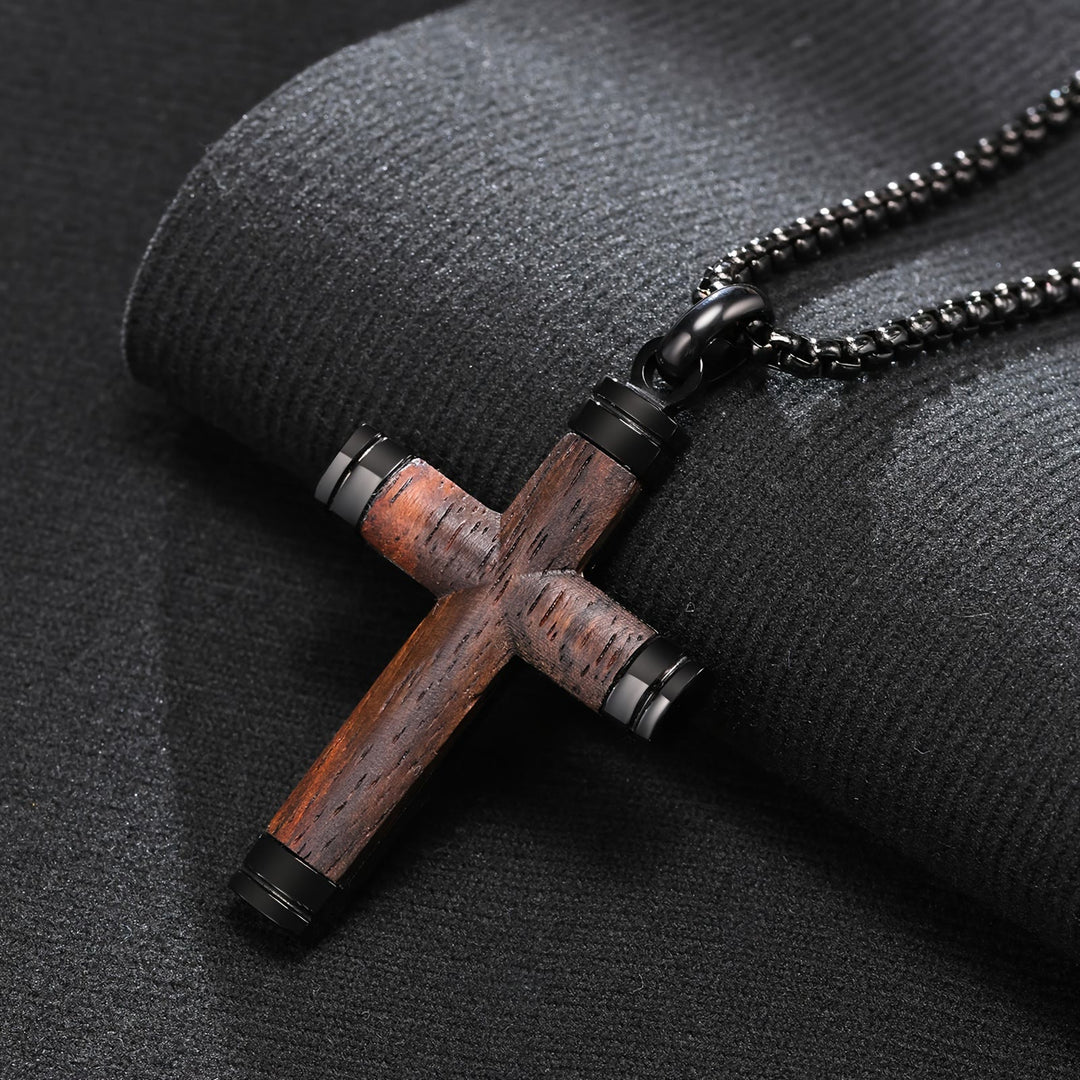 Christianartworkshop Collier croix minimaliste en bois avec extrémités métalliques élégantes : un emblème de force et de dévotion - Noir - image 0