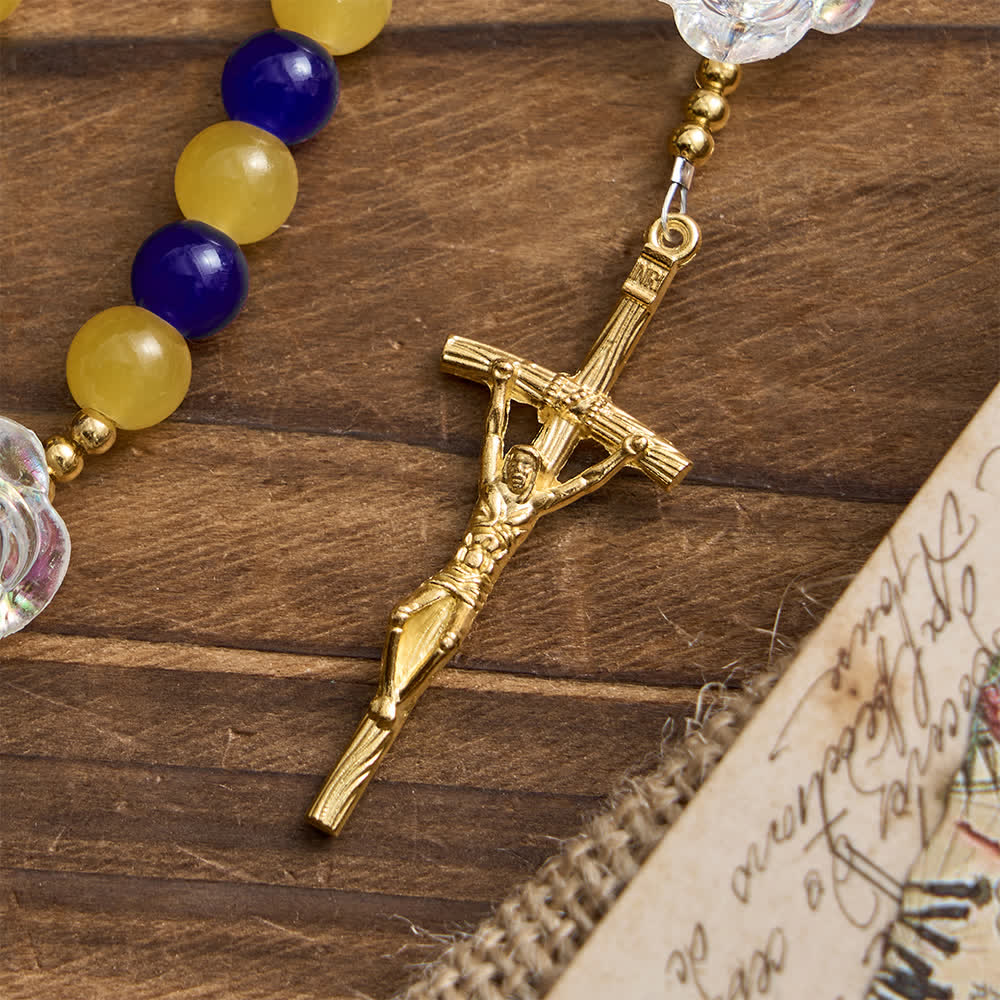 Christianartworkshop Chapelet de Guadalupe bleu et jaune : perles roses irisées avec crucifix doré - image 7