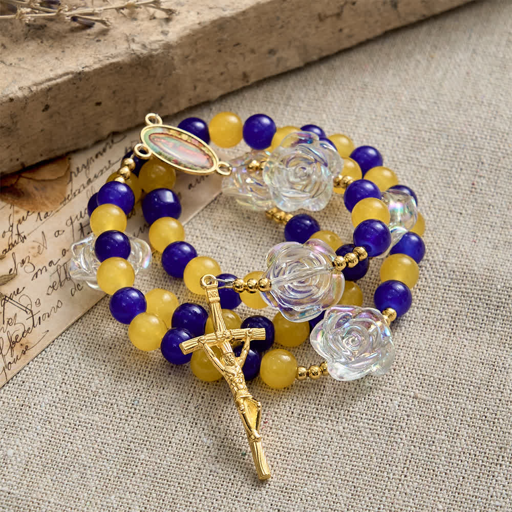 Christianartworkshop Chapelet de Guadalupe bleu et jaune : perles roses irisées avec crucifix doré - image 3