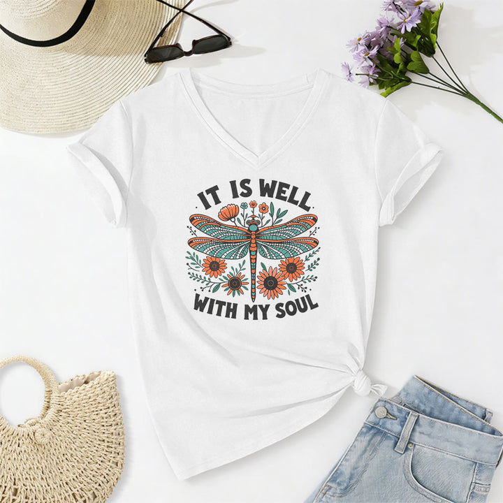 Christianartworkshop T-shirt décontracté à col en V avec imprimé floral libellule « Tout va bien pour moi » - Blanc - 2XL - image 8