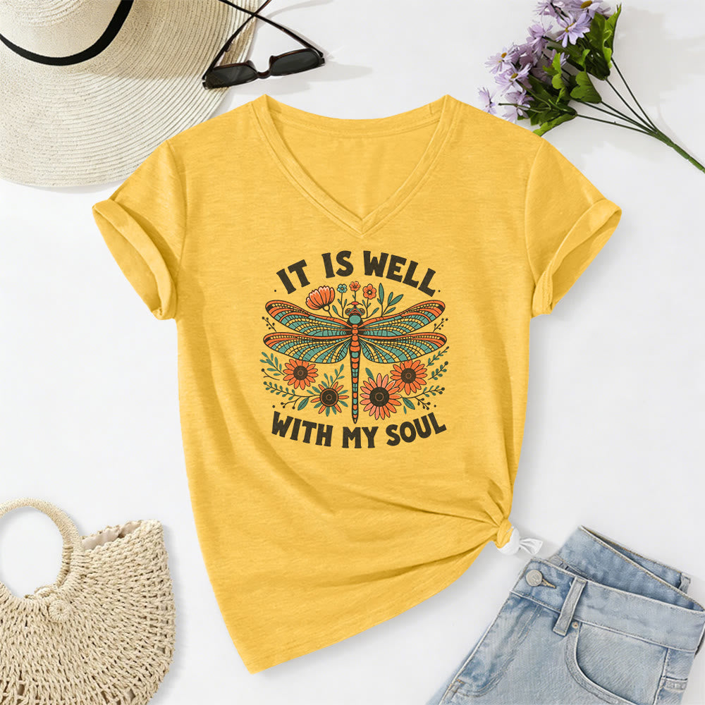 Christianartworkshop T-shirt décontracté à col en V avec imprimé floral libellule « Tout va bien pour moi » - Jaune - 2XL - image 4