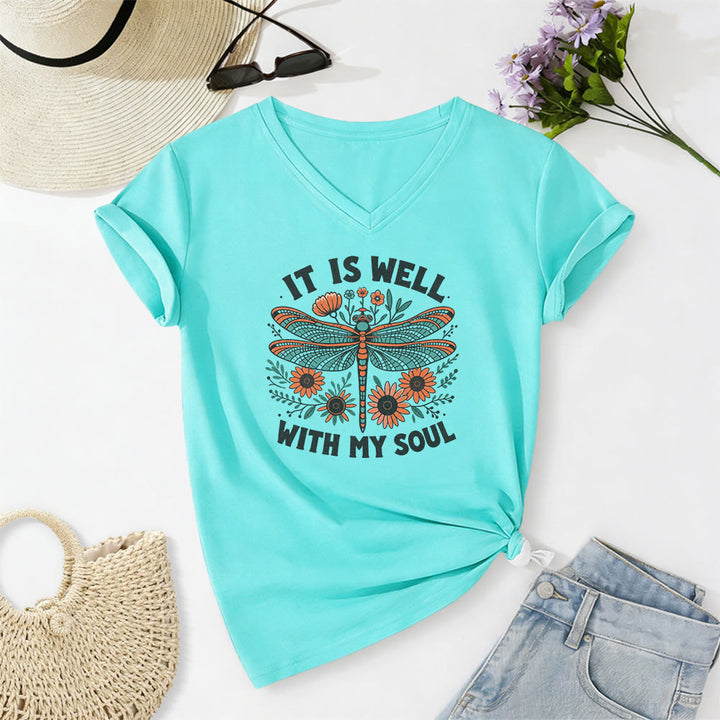 Christianartworkshop T-shirt décontracté à col en V avec imprimé floral libellule « Tout va bien pour moi » - Bleu ciel - 2XL - image 0