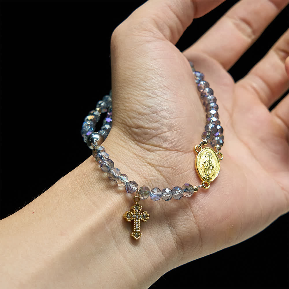 Christianartworkshop Bracelet chapelet à fermoir magnétique facetté et irisé, orné de la Vierge Marie, pour la foi au quotidien - image 1