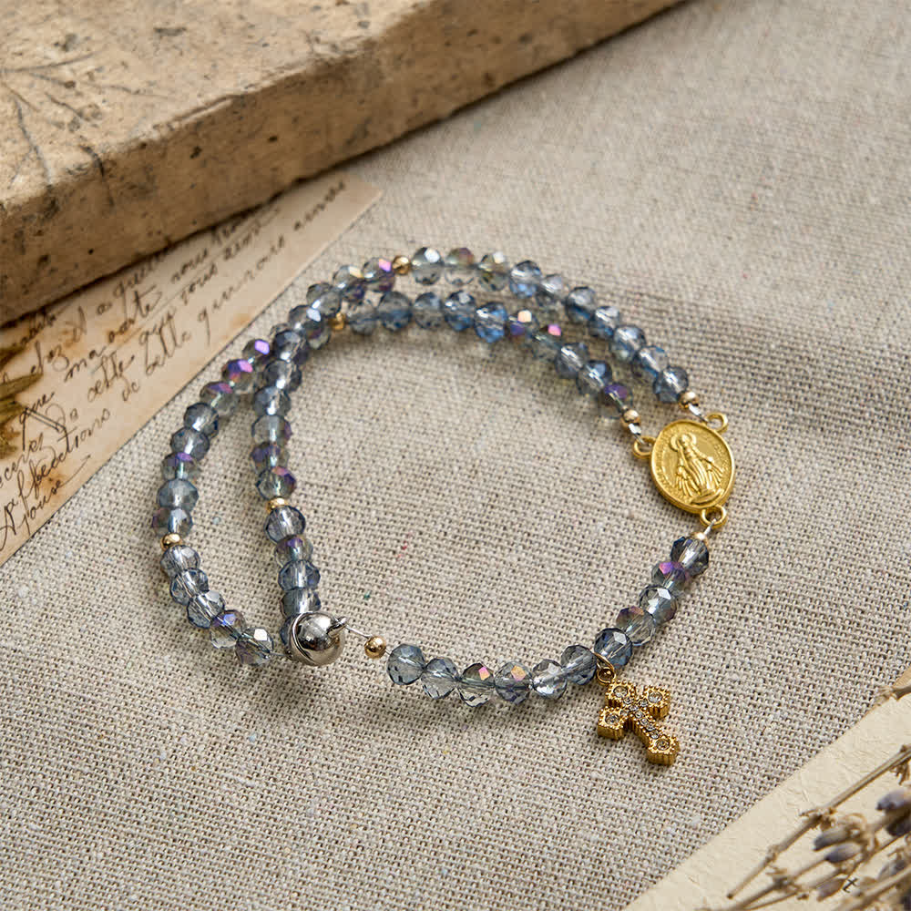 Christianartworkshop Bracelet chapelet à fermoir magnétique facetté et irisé, orné de la Vierge Marie, pour la foi au quotidien - Tour de poignet : 7,42"/18,85 cm - image 0