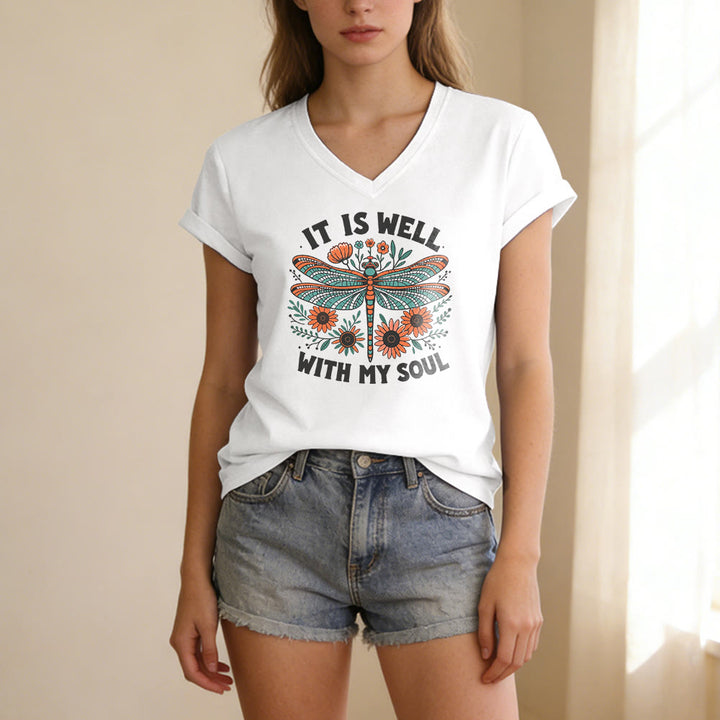 Christianartworkshop T-shirt décontracté à col en V avec imprimé floral libellule « Tout va bien pour moi » - image 9