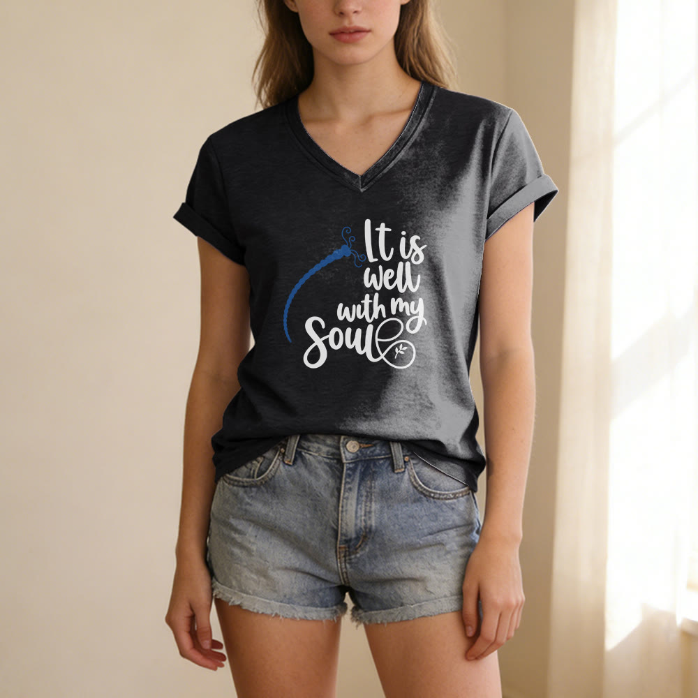 Christianartworkshop T-shirt décontracté à col en V avec imprimé calligraphie libellule « Tout va bien pour moi » - image 13