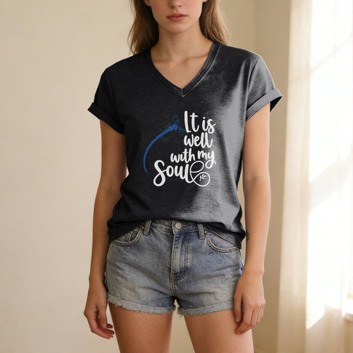 Christianartworkshop T-shirt décontracté à col en V avec imprimé calligraphie libellule « Tout va bien pour moi » - image 13