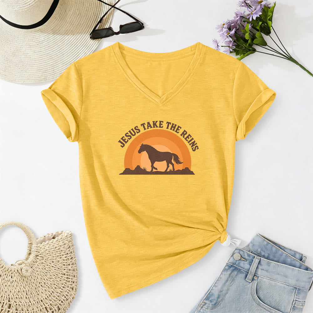 Christianartworkshop T-shirt décontracté à col en V avec imprimé cheval coucher de soleil « Jésus prend les rênes » - Jaune - 2XL - image 4